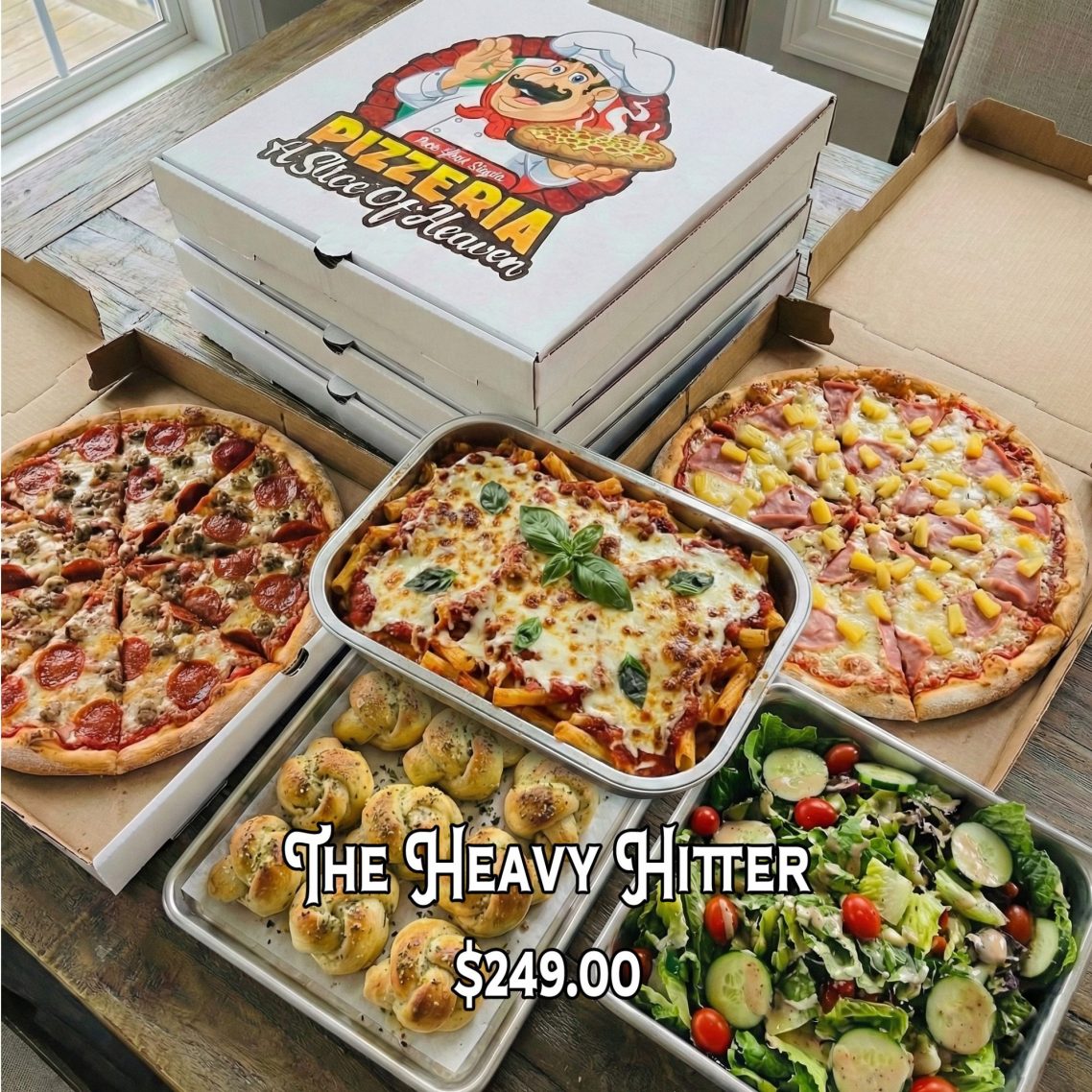 Catering at A Slice Of Heaven Chicago A large pizza feast with multiple pizzas, pasta, garlic knots, and a salad.