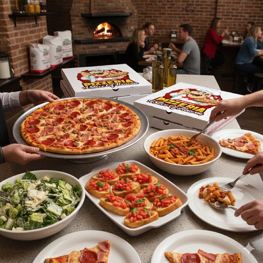 Earn Rewards at A Slice Of Heaven Chicago A spread of pizza, pasta, salad, and drinks on a table in a cozy restaurant setting.