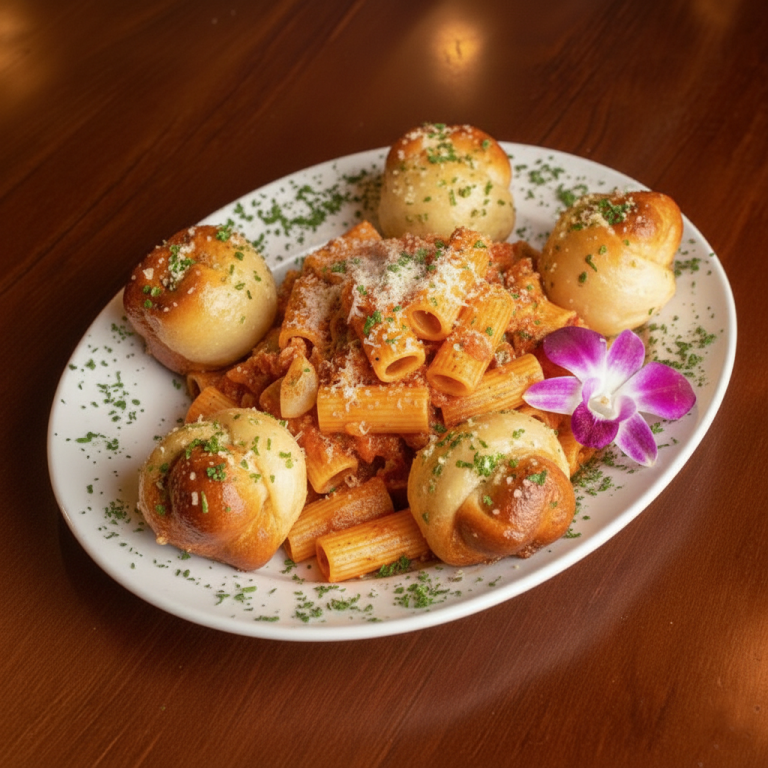 Pasta at A Slice Of Heaven Chicago Plate of rigatoni pasta with cheese and savory rolls, garnished with herbs and a flower.