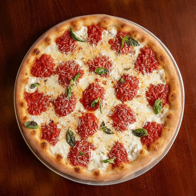 Pizza at A Slice Of Heaven Chicago Round pizza topped with marinara sauce, mozzarella, basil, and pepperoni slices.