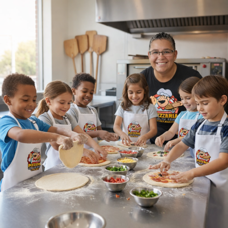 Pizza Camp Children in aprons happily making pizza in a kitchen with a smiling adult supervisor.