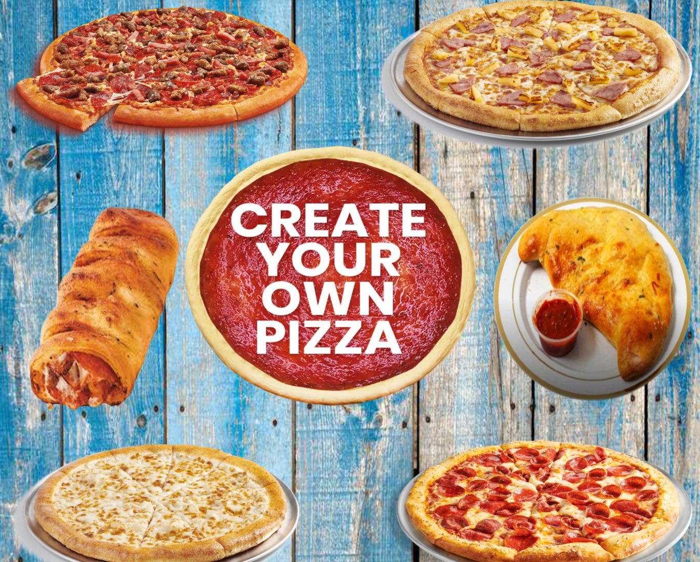 Create your own pizza at A Slice Of Heaven Chicago Various pizzas and a calzone on a wooden background with "Create Your Own Pizza" text.