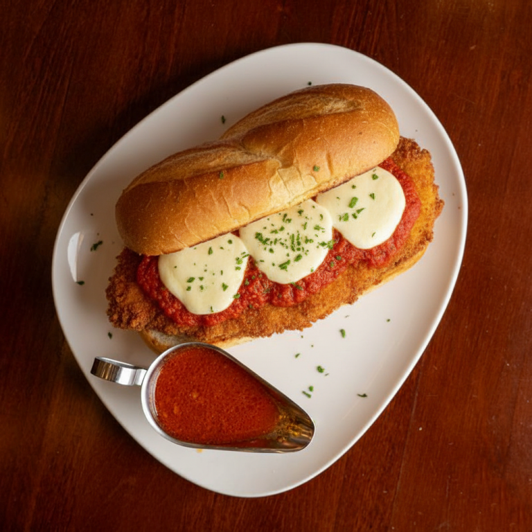 Chicken Cutlet Parm Sub at A Slice Of Heaven Chicago Breaded chicken sandwich with marinara sauce and melted mozzarella, served with extra sauce.